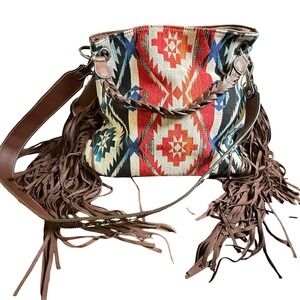 Angel Ranch Western Tapestry Fringe Bucket Bag Brown Tooled Boho Concealed Carry